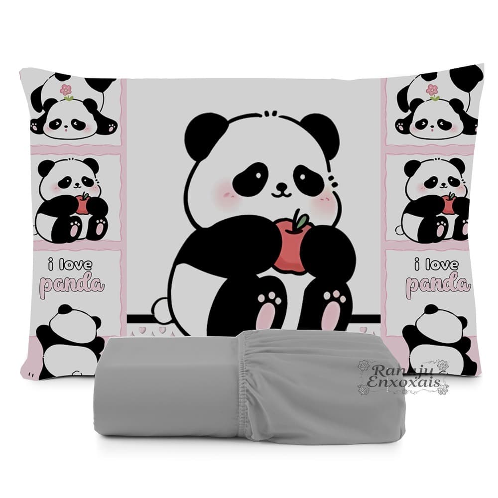 JOGO DE LENÇOL SOLTEIRO INFANTIL PANDA FOFO CORAÇÃO LENÇOL DE ELASTICO