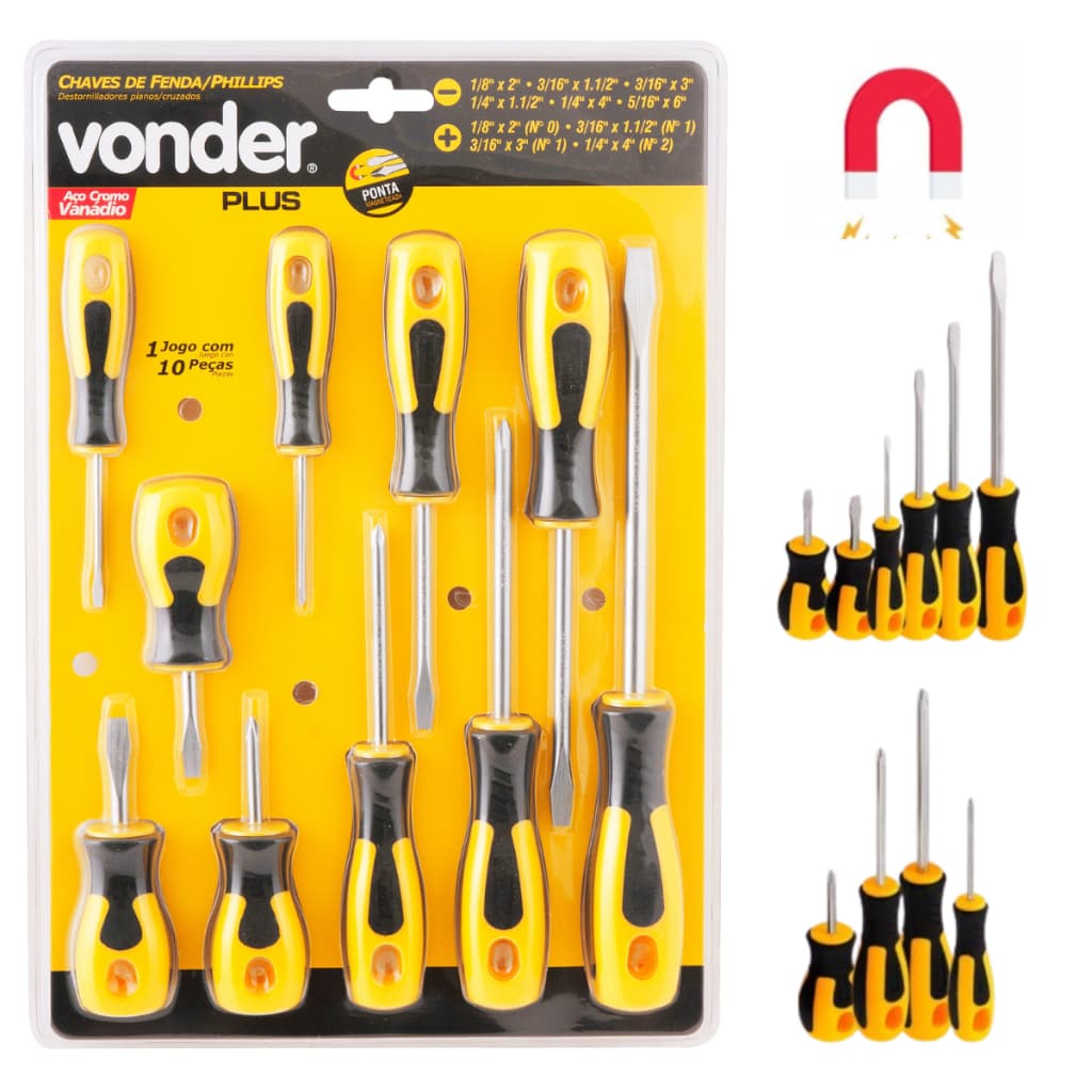 Jogo Chave Vonder Fenda Philips Magnetizada Imã Profissional 10pc Cabo Ergonômico