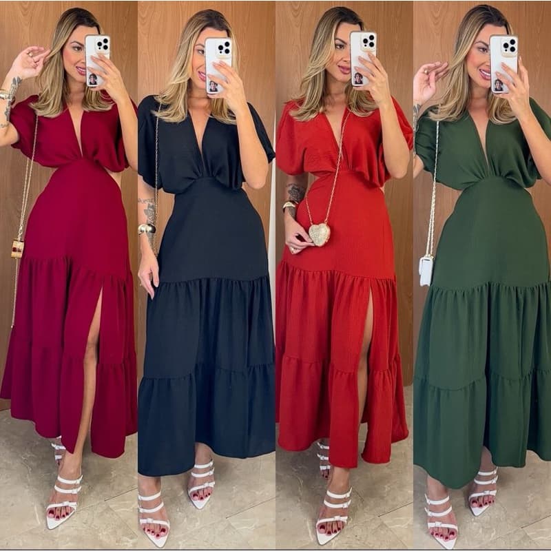 Vestido com Fenda Longo com Manga Costa Nua Sofisticado Tendência Verão 2025