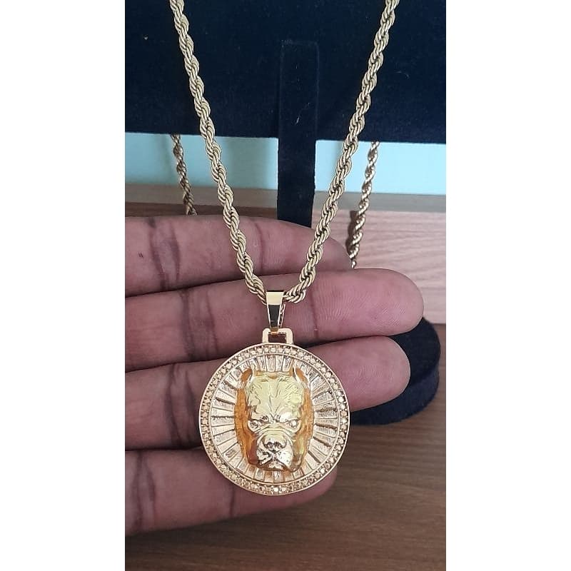 Corrente trançada baiana masculina em aço inoxidável +pingente pitbulll