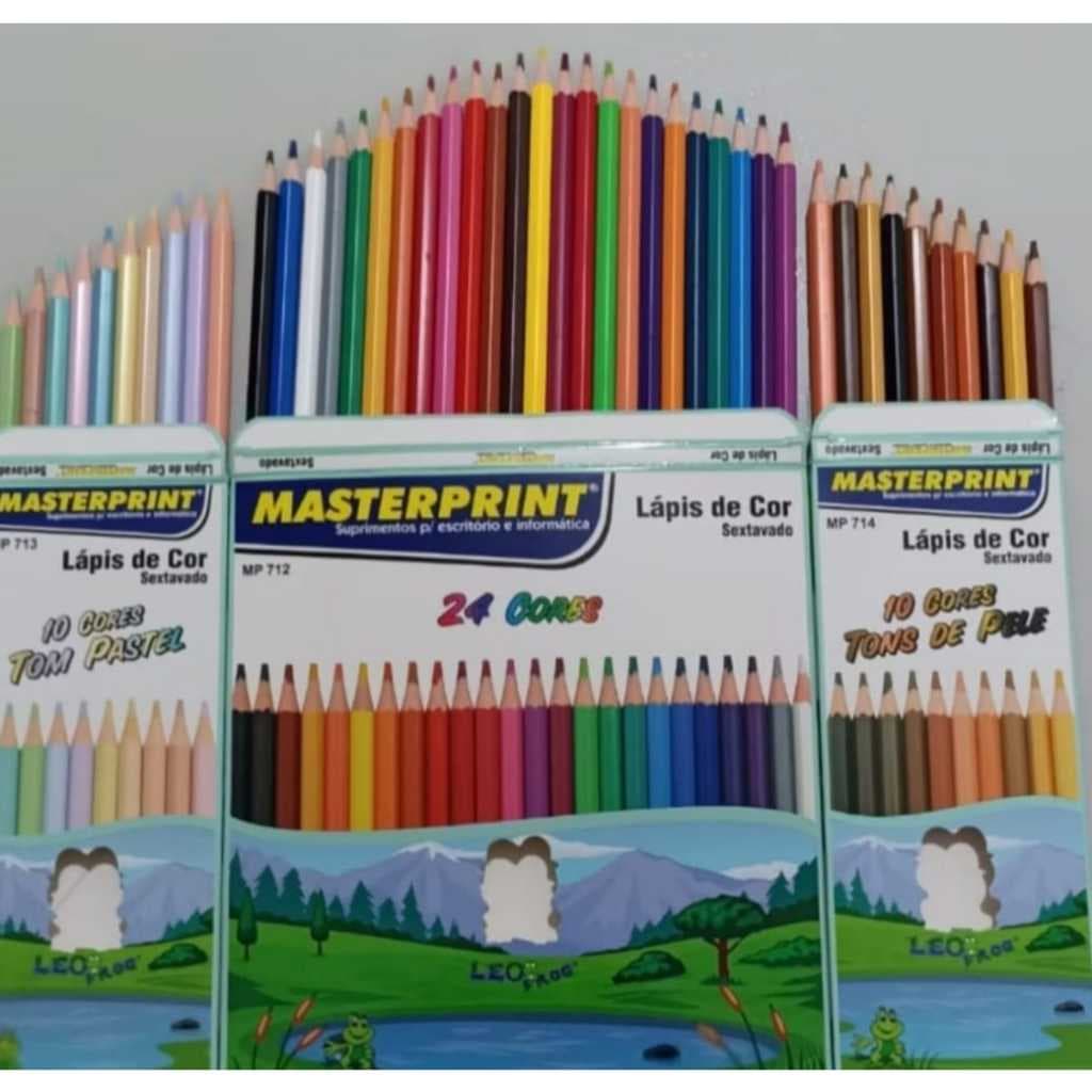 Lápis de Cor Kit 44 Lapis (24 CORES + 10 Cores Tom Pastel +10 Cores Tons de Pele) Escolar Sextavado