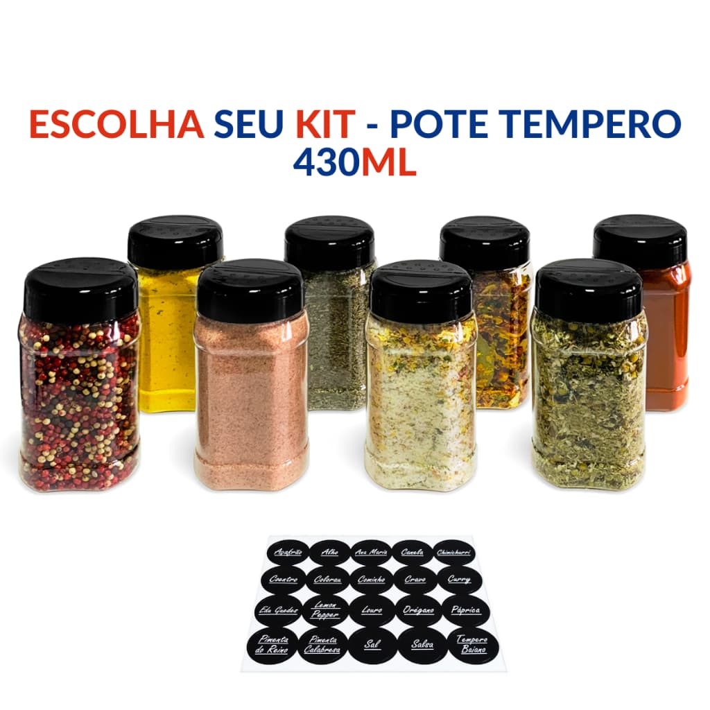 Escolha Seu Kit de Potes 430ml Tampa Dupla para Cozinha Temperos Condimentos com Etiquetas