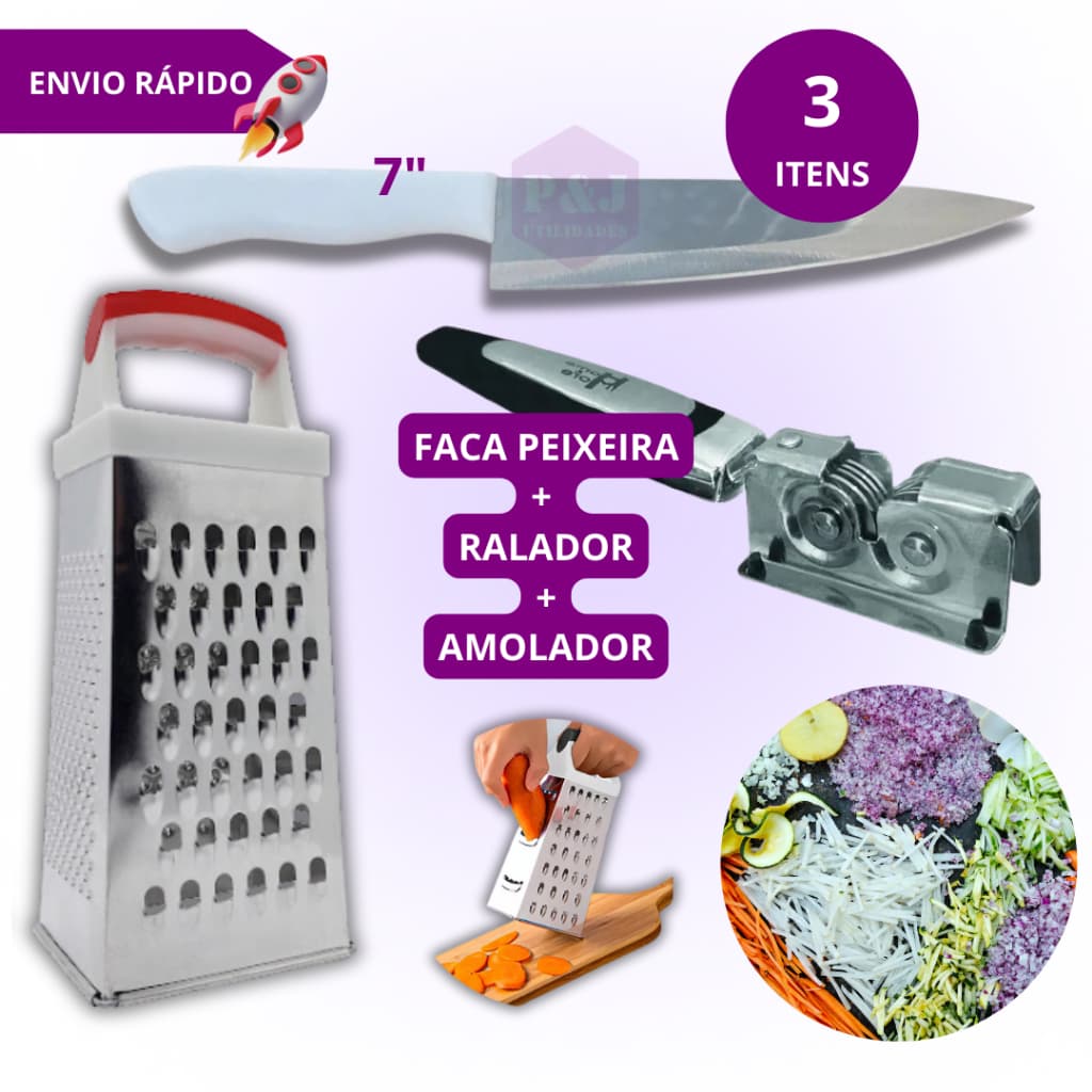 Kit 3 Peças Faca 7" Peixeira Ralador 4 Faces Multiuso e Amolador Afiador de Facas para Cozinha Doméstica e Profissional