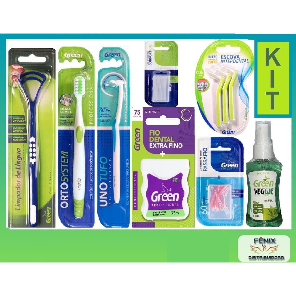 KIT Ortodôntico Completo Green c/ 8 itens, Manutenção da Higiene Bucal em aparelho dental.