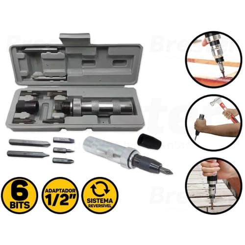 Chave De Impacto Manual 1/2 Pol. Profissional Com Bits Com 6 Peças + Maleta
