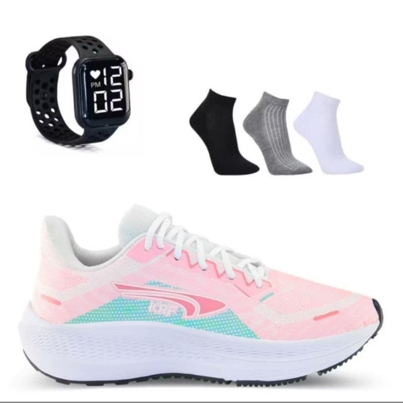 Kit Tênis Feminino KRF + Relógio Digital + Meia | Academia, Caminhada, Crossfit e Dia a Dia