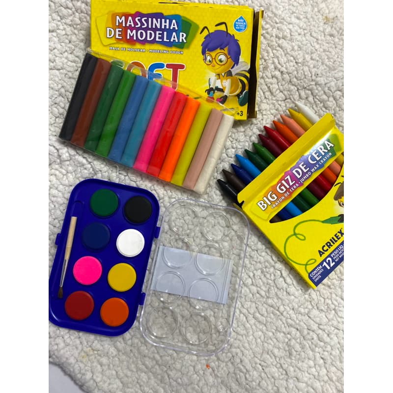 Kit 1 massinha de modelar Soft + 1 caixa de big giz de cera Soft + 1 tinta 8 cores Cis Aquarela