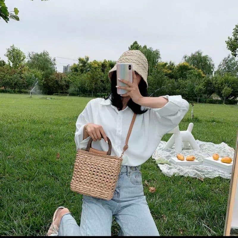 Bolsa Palha Quadrada Feminina Palha Sintética Moda Praia Verão