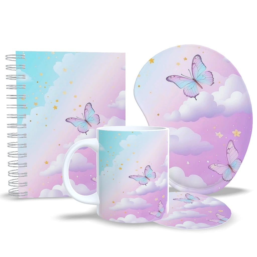 Kit Presente Agenda permanente + Caneca + Mouse Pad + Porta Copos Personalizados - Modelo Borboletas