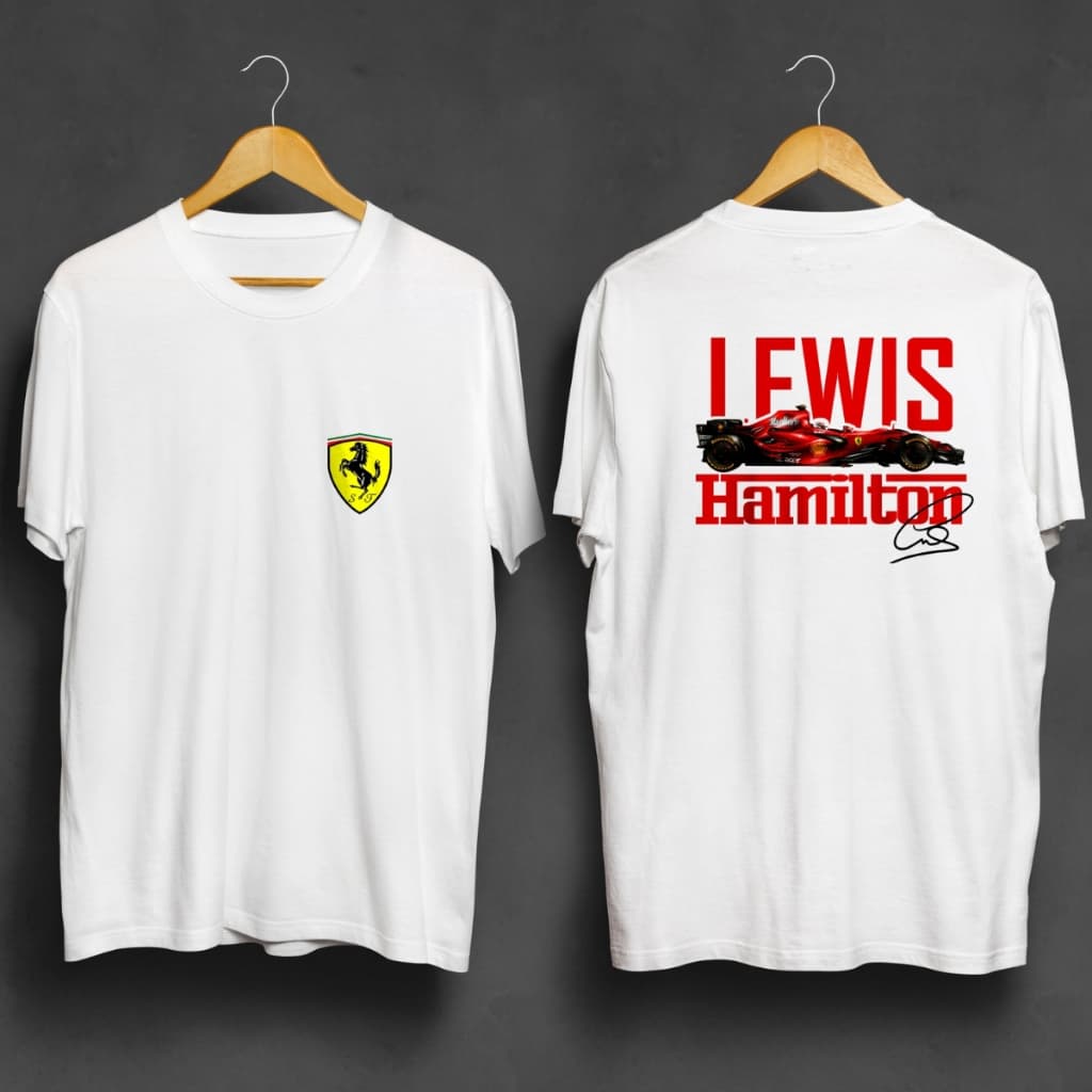 CAMISETA LEWIS HAMILTON FERRARI 2025 F1 SCUDERIA FRENTE E COSTAS FORMULA 1 OFICIAL CORES ALGODÃO PREMIUM ORIGINAL OFERTA