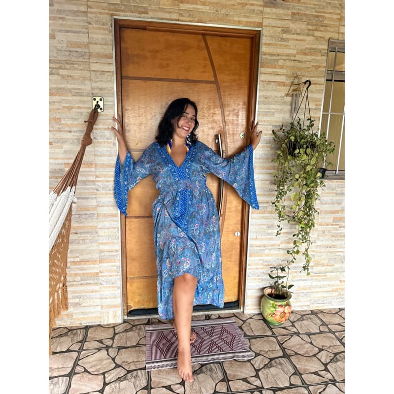Vestido BOHO Plus Size Seda Manga Longa Mullet