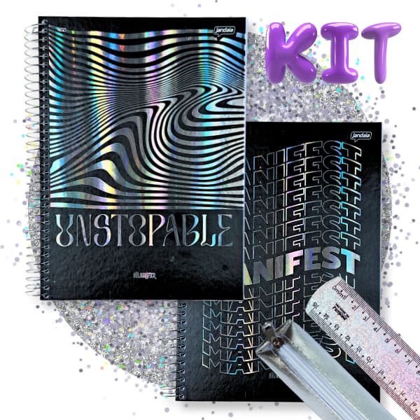 Caderno Universitario Feminino Espiral Capa Dura Estojo KIT Holográfico Menina Material Escolar Prat
