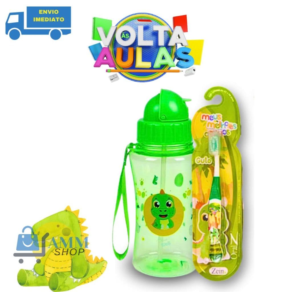 Kit Volta as Aulas Garrafa de Água Infantil 400 ML e  Escova de Dente Infantil Dino