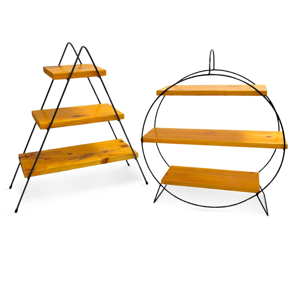 Kit 2 Prateleiras Escadinha e Redonda Roda Gigante Decorativa Suporte Doces Ferro Madeira
