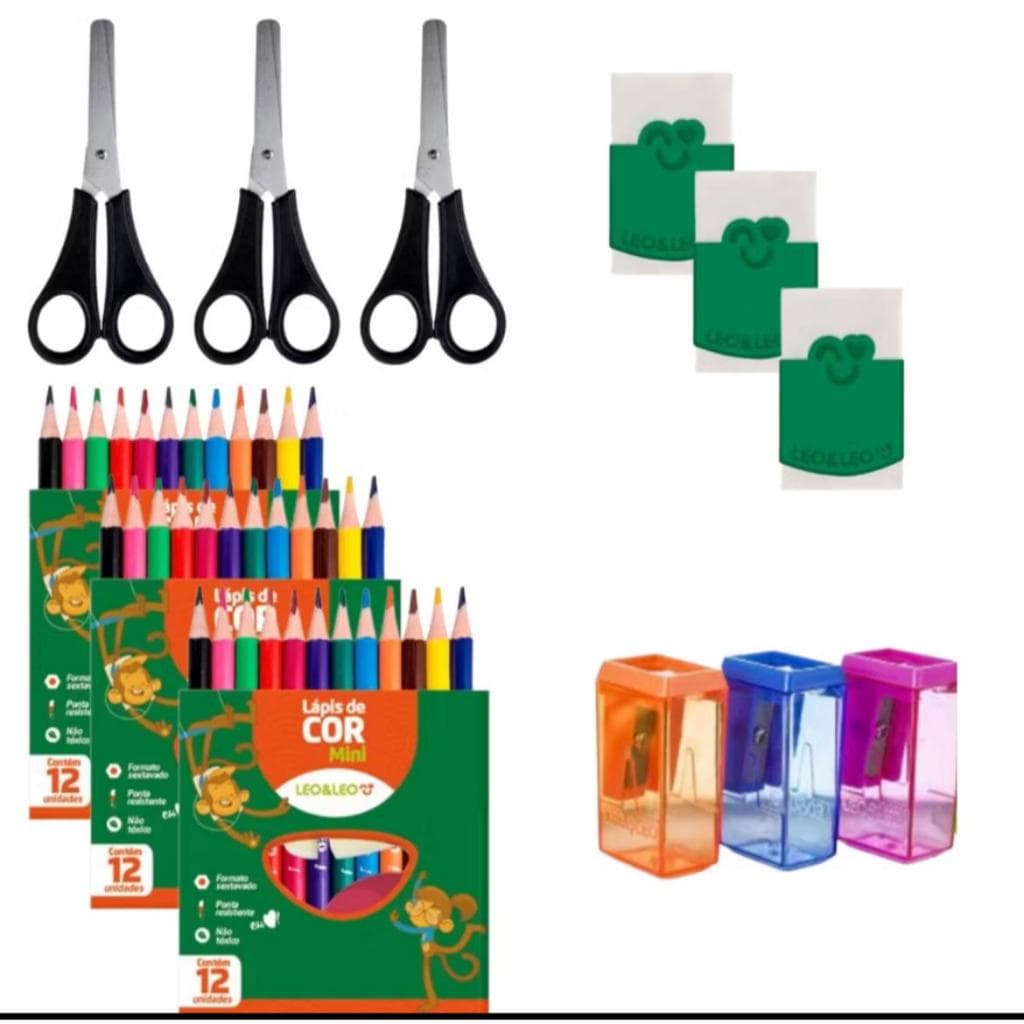 3 Kits Básico Escolar Lápis de Cor Tesoura Apontador e Borracha