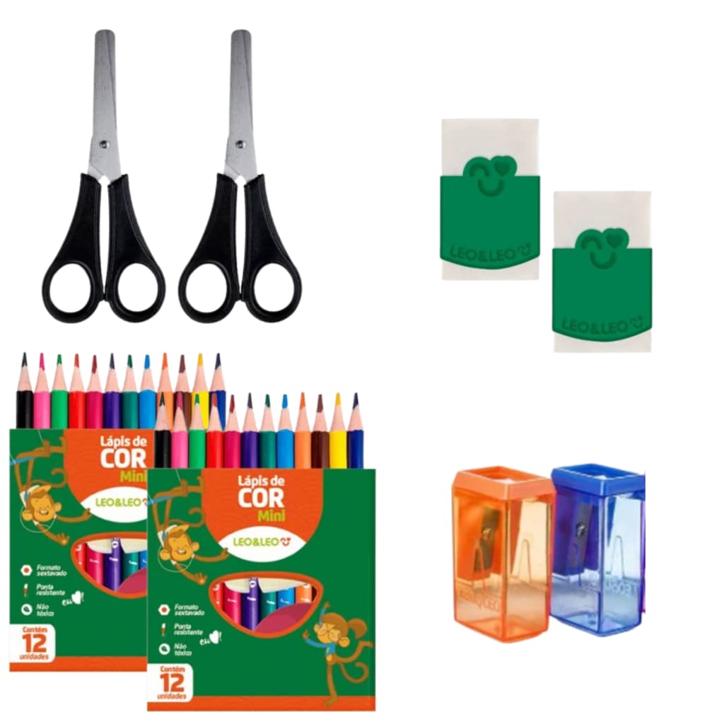 2 Kits Básico Escolar Lápis de Cor Tesoura Apontado e Borracha