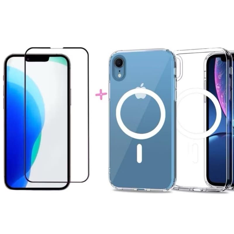 Kit Capa MagSafe + Película 3D Vidro Para IPhone XR 11 12 13 14 15 16
