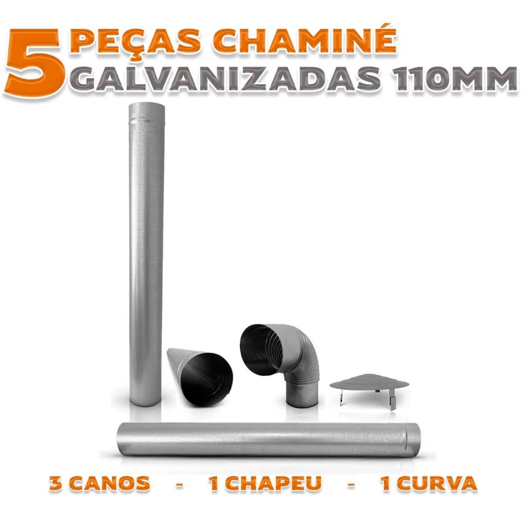 Kit Chaminé 110mm c/ 5 peças Galv.(3 Canos/1 Curva/1 Chapéu)
