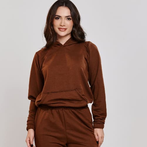 Casaco Moletom Feminino Liso Com Bolso E Capuz Outono Inverno