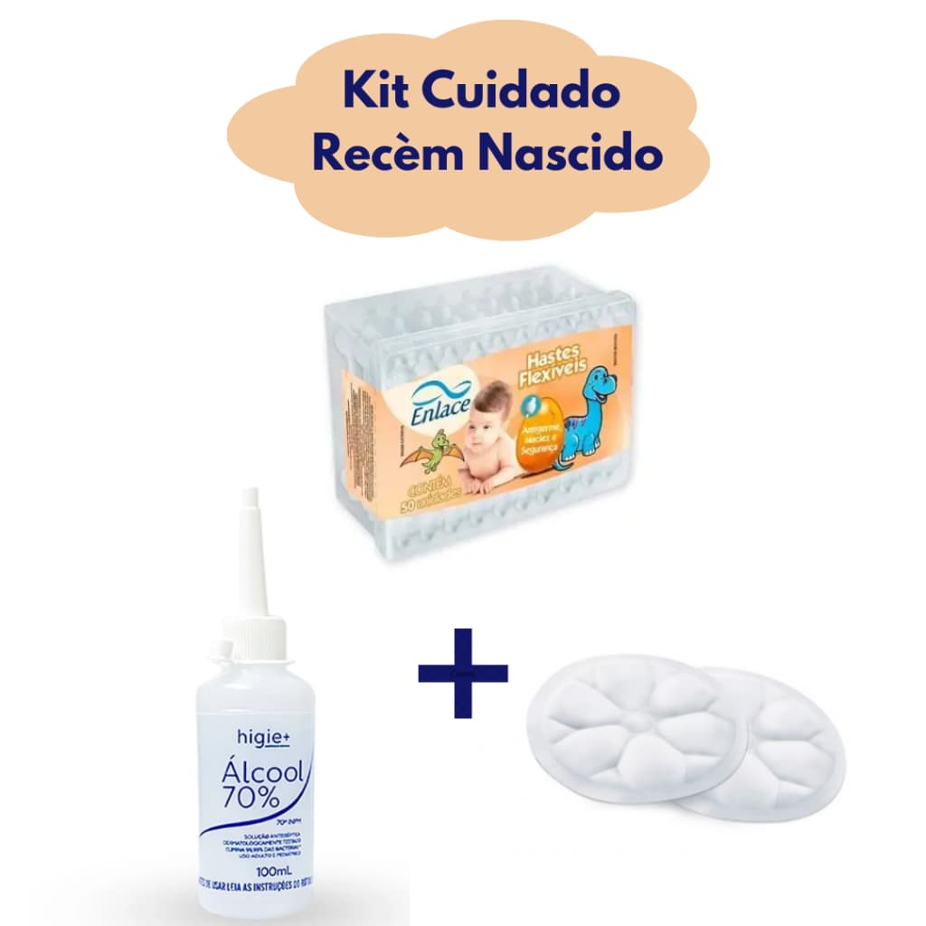 Kit Higiene Recém-Nascido e Pós-Parto 3 Itens Álcool 70% 100ml Hastes Enlace Protetor de Seios Mãe e Bebê Essencial