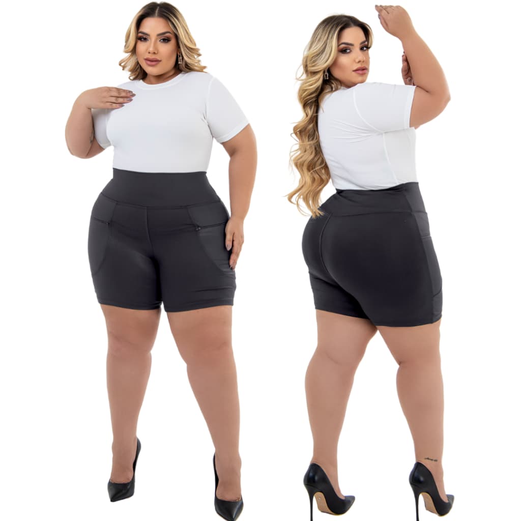 Kit 2 Bermuda Feminina Plus Size Short Cintura Alta Bolso com Ziper Efeito Lipo do GG ao G4