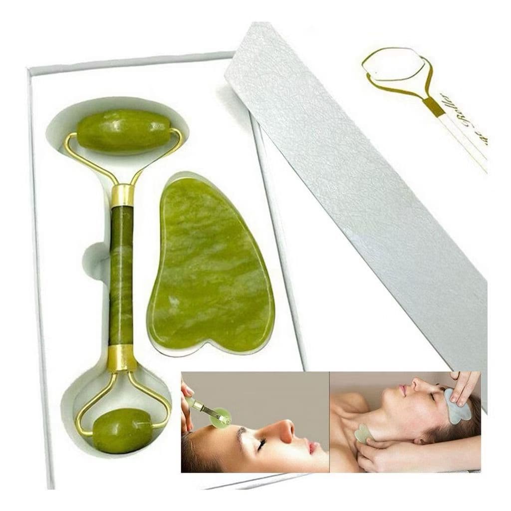 Kit 1Rolos Massageador Pedra De Jade Massagem Facial +Placa Facial Gua Sha