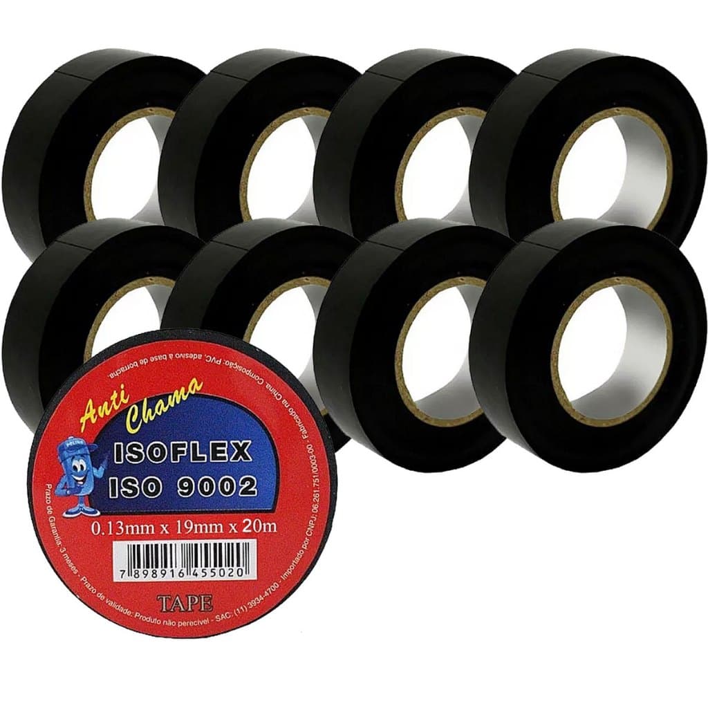 Kit 20 rolos de fita isolante 20 Metros 19mm 9002 AntiChama Adesiva Isolante Fio Elétrico Manutenção Residencial