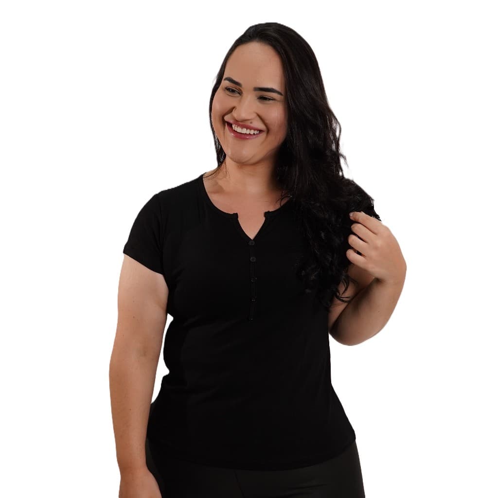 Blusa T-Shirt ,Plus Size, Feminina, Camiseta De Manga, Decote Botão - Moda Até G4 !!