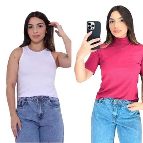 Kit Regata Branca americana e Baby Look Pink Gola Alta Blusinha Canelada