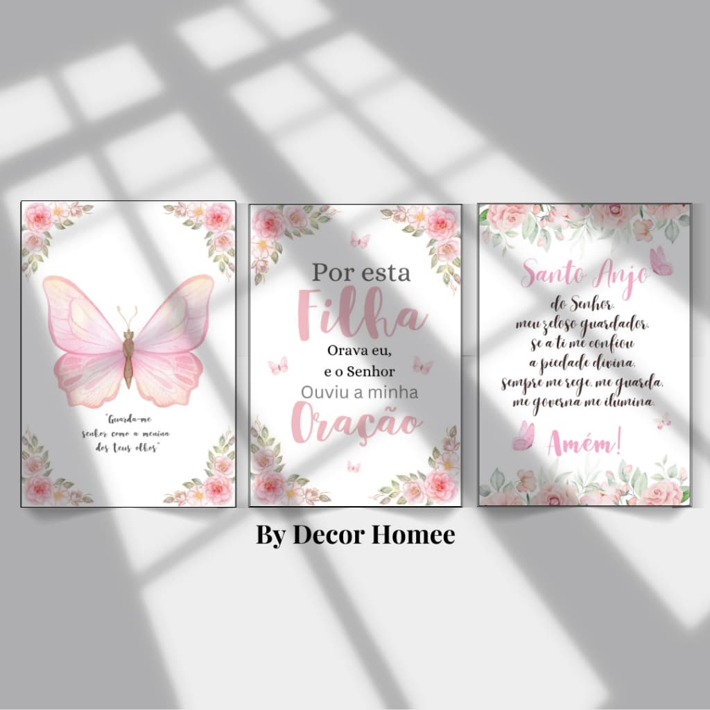 Kit 3 Quadros Borboleta Infantil Frase biblica, guarde me senhor como a menina de deus olhos, MDF 20X28