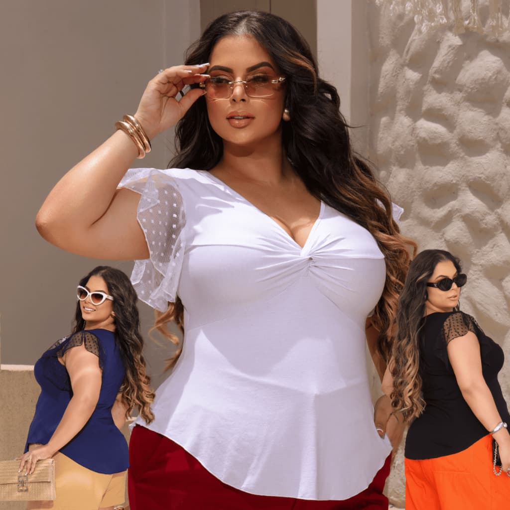 Blusa Plus Size Moderna Renda Delicado Manga Sino Tendência