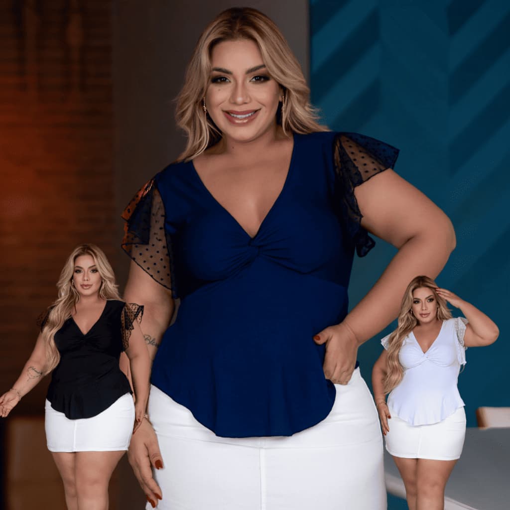Blusinha Plus Size Elegante Evangélica Tule Gola V Batinha