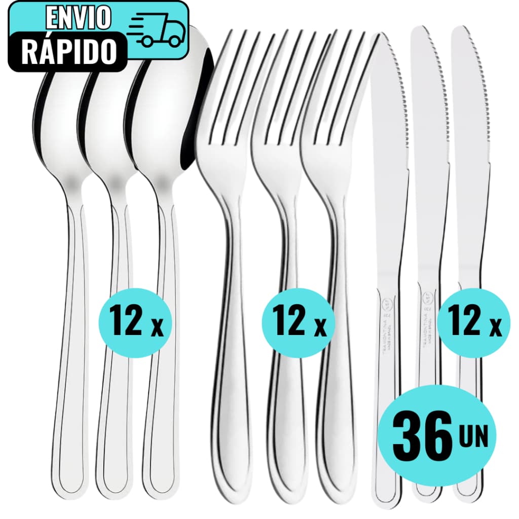 Kit 36 Un 12 Garfo 12 Faca e 12 Colher Aço Inox Para Refeições Casa Restaurantes Buffet Lanchonete