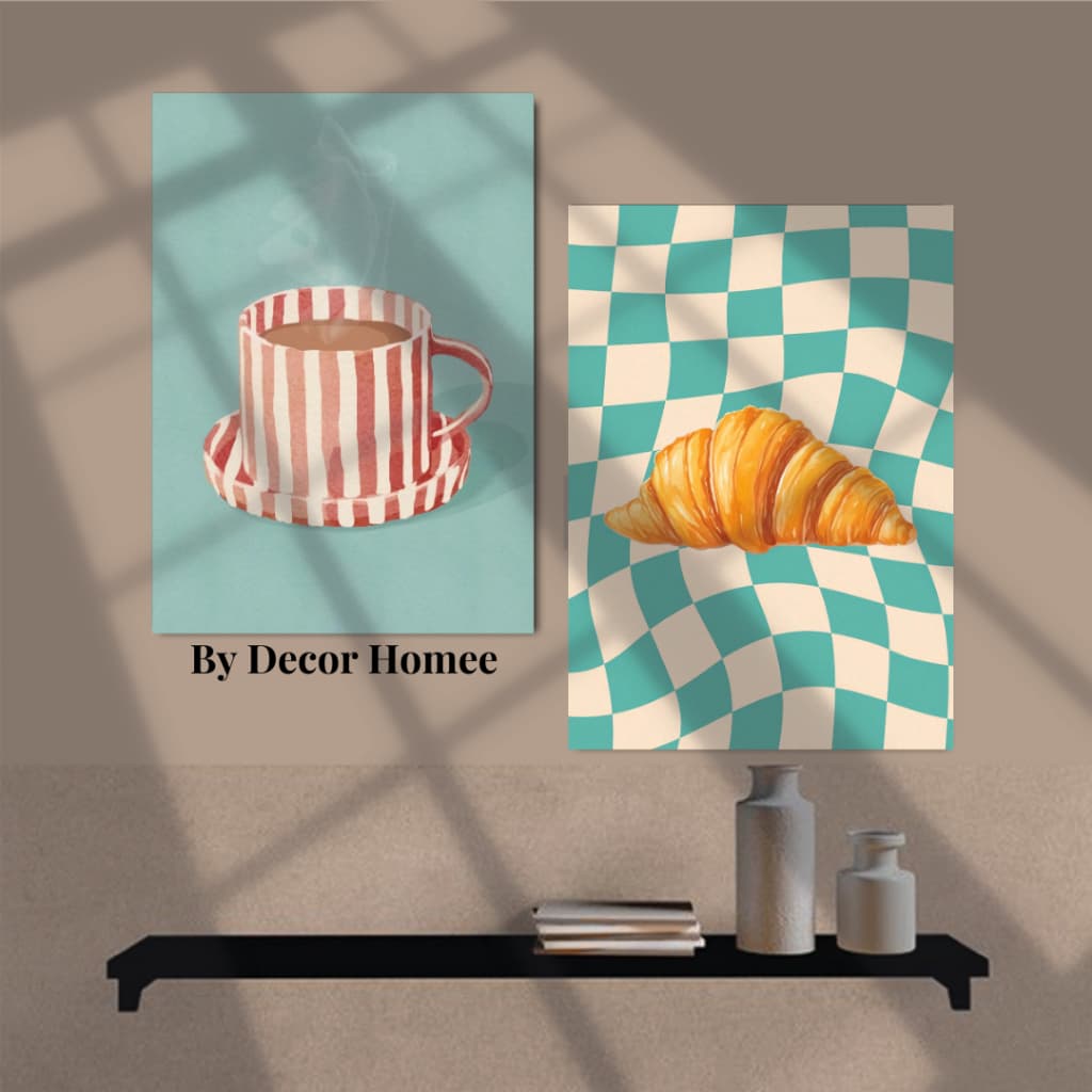 Kit 2 Quadros para Cafeterias, padarias, decoração de cozinha, Croissant com café, caneca.