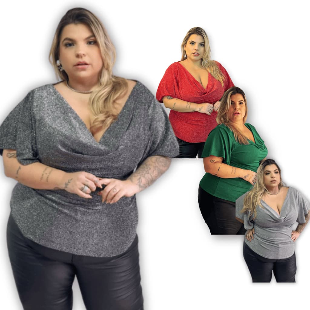 Blusa Plus Size Lurex Brilho Gola Caída Manga solta Elegante Noite Festa GG G1 G2 G3 G4 Envio Imediato Com Elastano