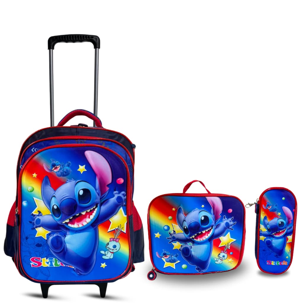 Kit Mochila Escolar Stitch Rodinha Infantil Bolsa e Lancheira Térmica e Estojo Menino