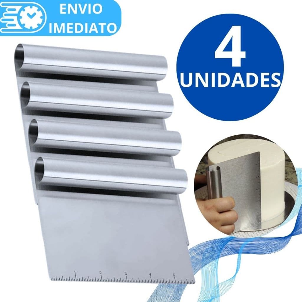 KIT 4 Espatula Raspadora Cabo Tubular 100% Aço Inox  Com Regua para Massas Chocolate Legumes Confeiteiro Alisador Bolo