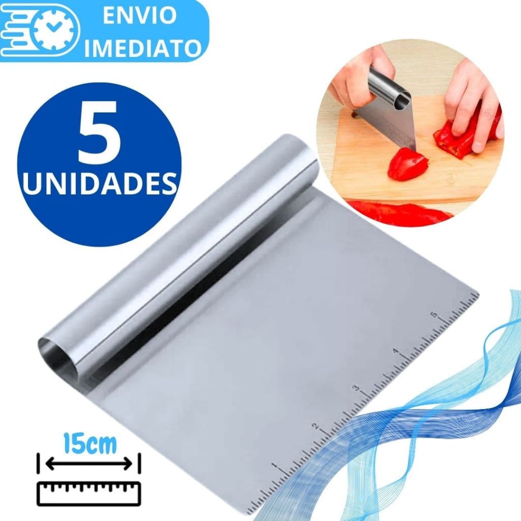 KIT 5 Espatula Raspadora Cabo Tubular 100% Aço Inox  Com Regua para Massas Chocolate Legumes Confeiteiro Alisador Bolo