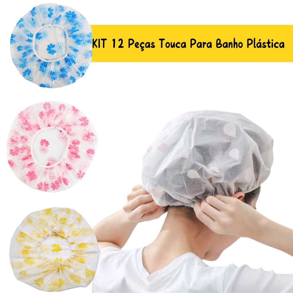KIT 6/12 Peças Touca de Banho Impermeável Reutilizável Transparente a prova d'água Estampadas
