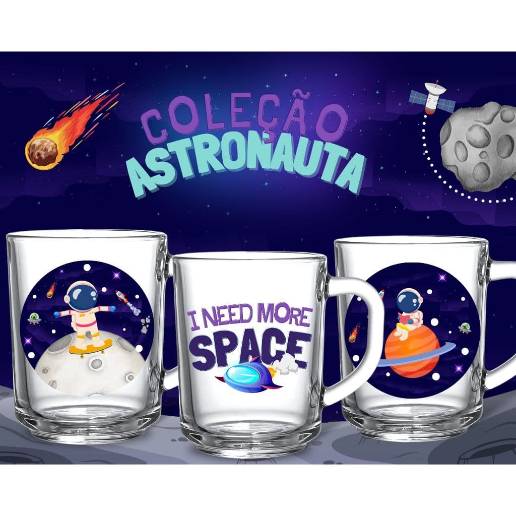 3 Canecas Criativas Astronauta 225ml Item Personalizado Arte Pronta Resistente Acabamento em Verniz