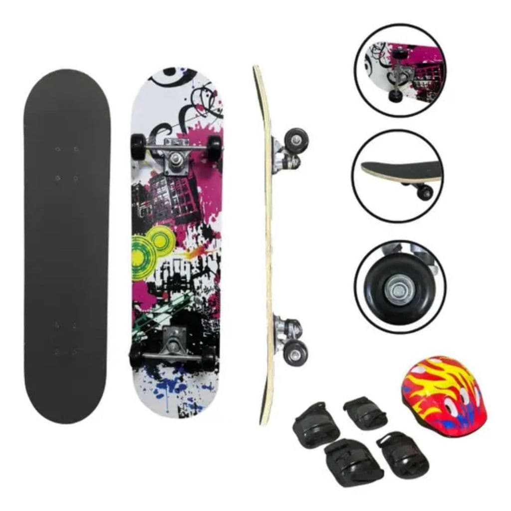 Skate Semi Profissional Montado  Com Shape De Madeira Kit Proteção Capacete