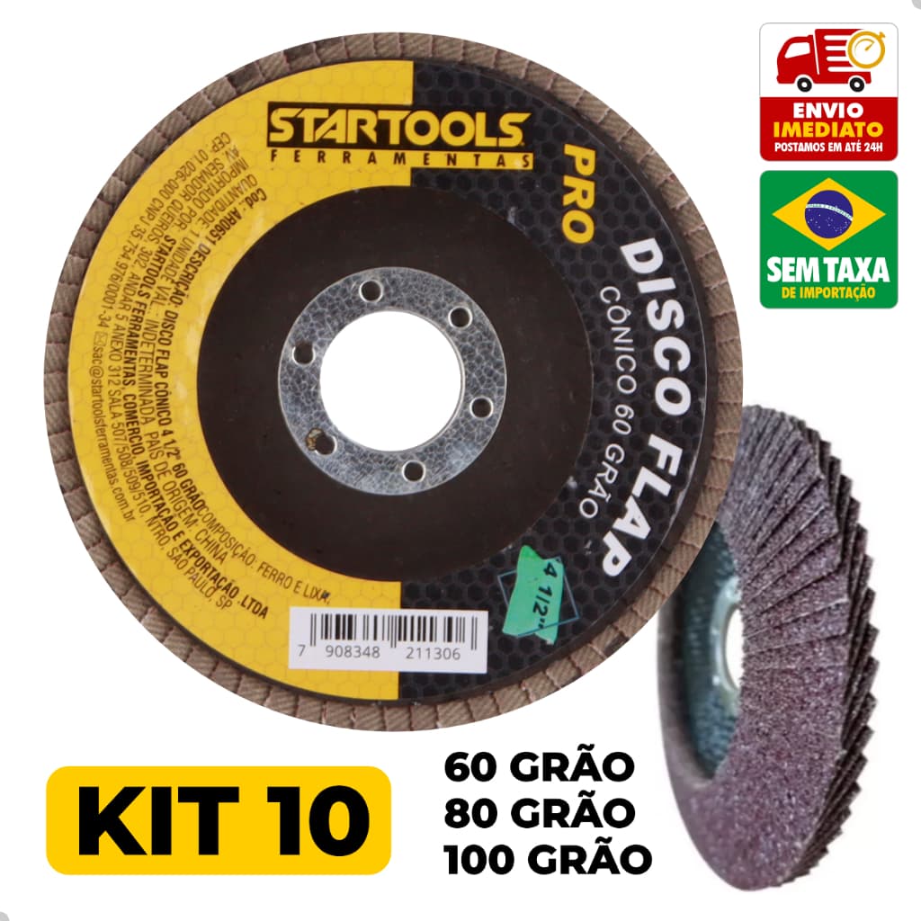 Kit 10 Disco Flap Conico 4 1/2'' 60 80 100 Grão Startools AR0651 AR0652 AR0653