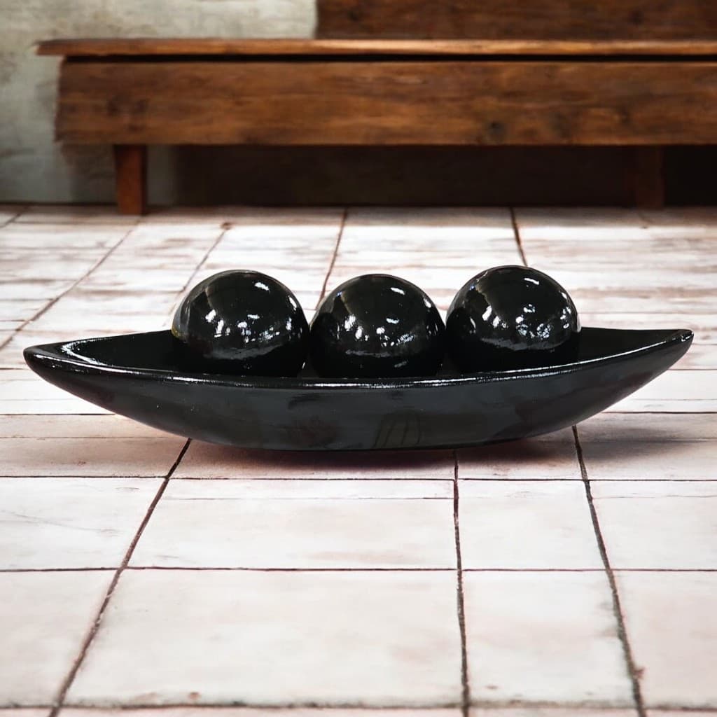 Barca Lisa c/ 3 Esferas Cerâmica Decoração Minimalista Boho Mesa Casa Rack Sala Escritório 34x13