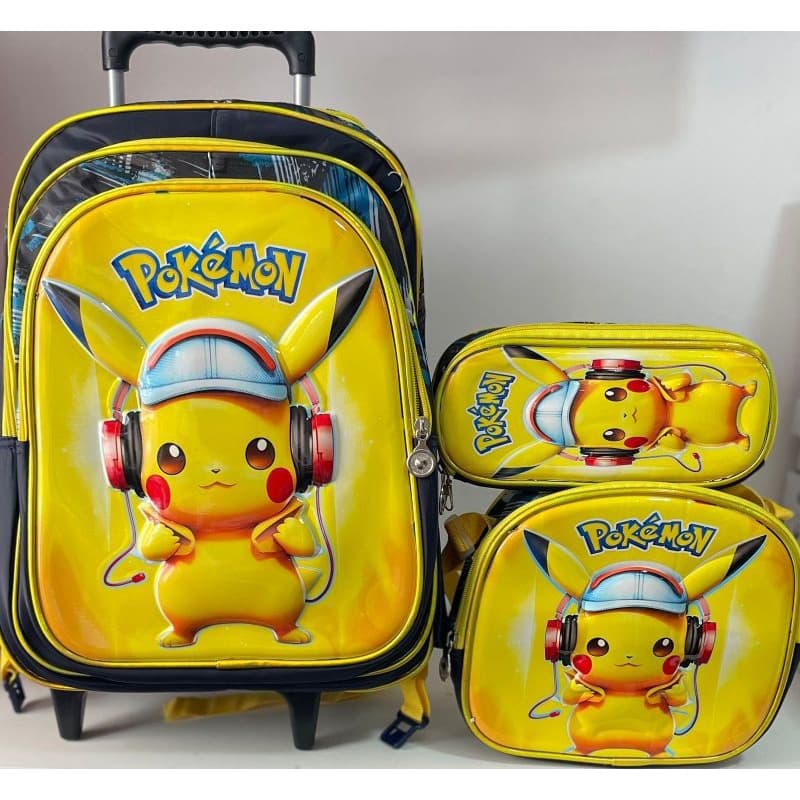KIT MOCHILA ESCOLAR INFANTIL POKEMON 3D COM RODINHAS/MOCHILA LANCHEIRA TÉRMICA ESTOJO/MOCHILA PARA MENINO/MOCHILA COSTAS