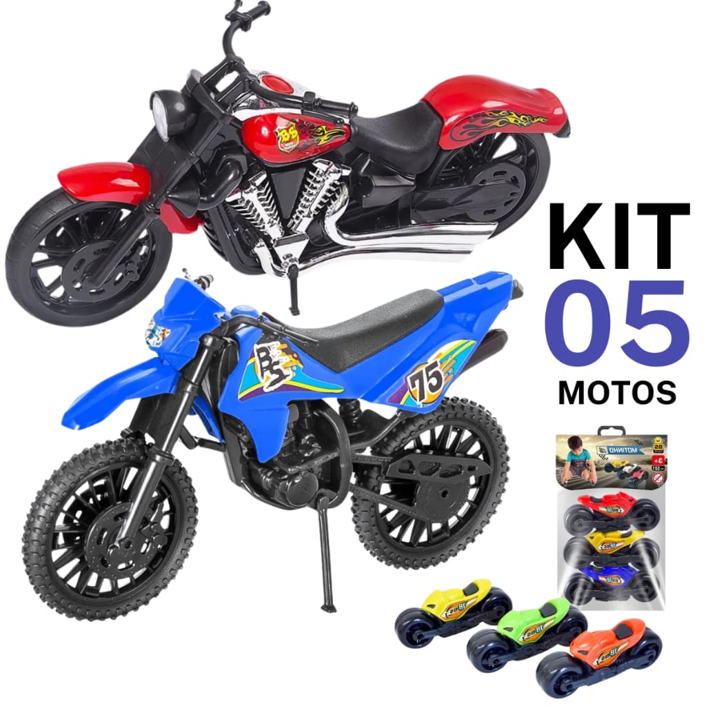 Kit 5 Motos de Brinquedo Para Meninos Motinha Trilha Moto Harley Chopper e 3 Mini Motinhas Atacado