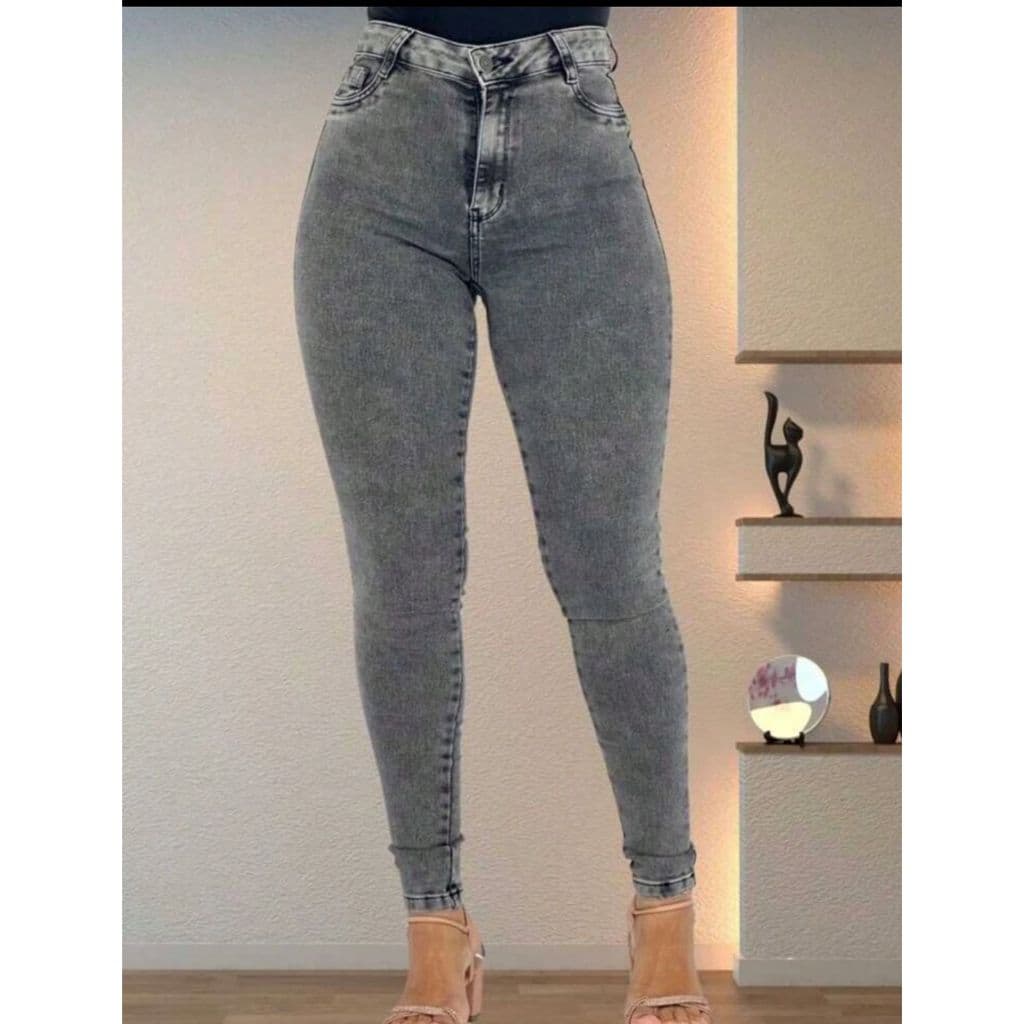 Calça Jeans Feminina Cintura Alta Skinny Com Lycra Cinza Grafit Preta Premium Basica Cós Alto Escura