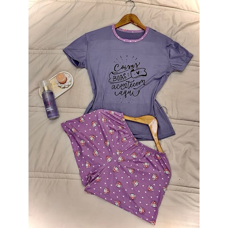 conjunto pijama feminino manguinha estampado liso verão tshirt