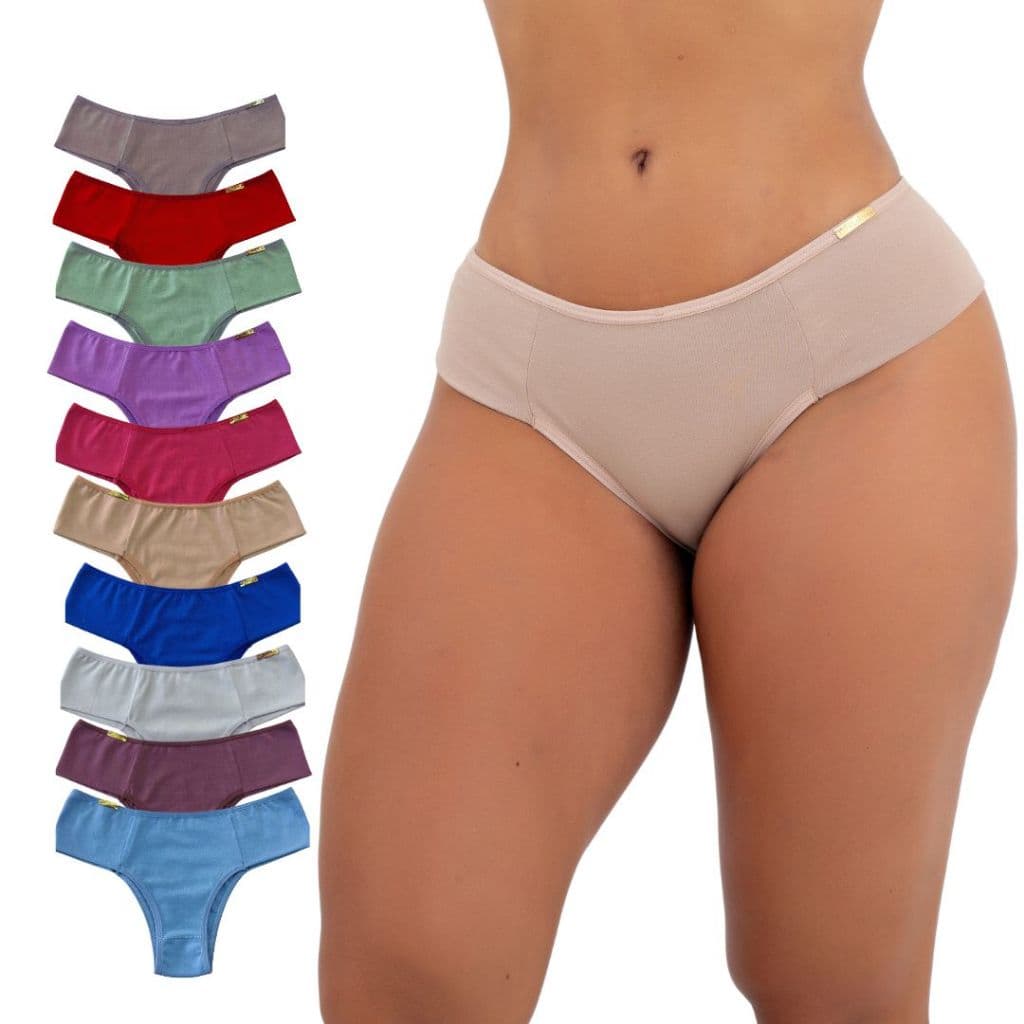 Kit 10 Calcinhas Helena em Algodão Tanga Conforto Lateral Dupla Cós Cintura Alta Feminina Adulto
