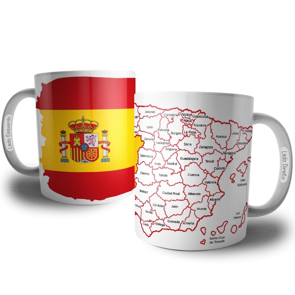 Caneca Bandeira da Espanha com Mapa Impresso na para Colorir - Presente Lembrança Souvenir Viajante