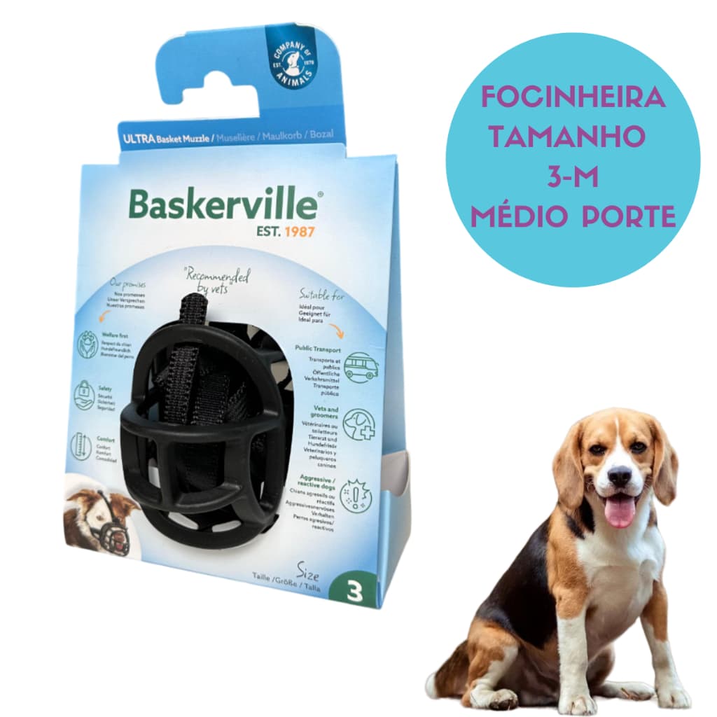 Focinheira Para Cachorro Médio Porte Baskerville Tamanho 3 M Preta Ajustável Reforçada Importada